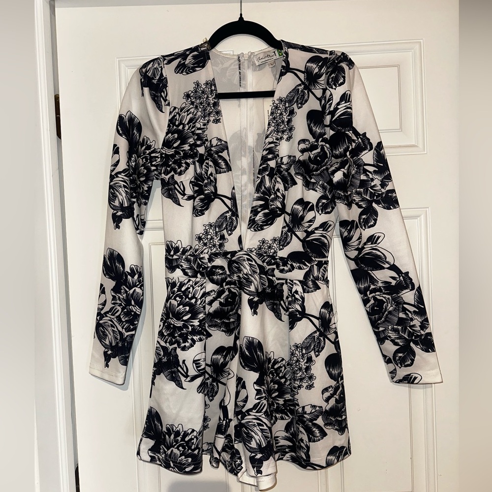 Navy blue and White Floral Long Sleeve Romper